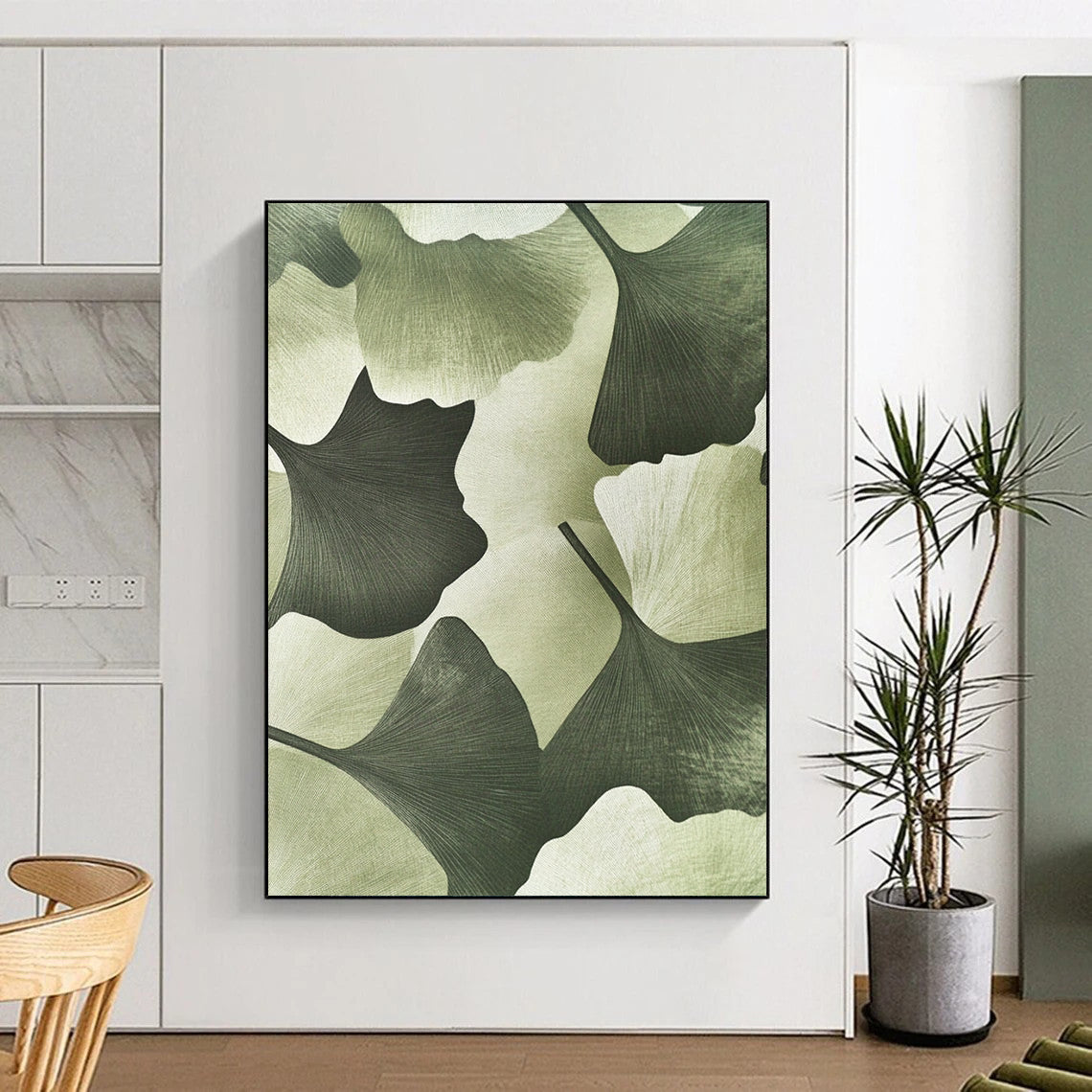Contemporary hand-painted abstract art featuring textured ginkgo leaves in a soft green background adds depth and elegance to your outfit. DLZ1202