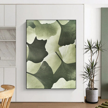 Contemporary hand-painted abstract art featuring textured ginkgo leaves in a soft green background adds depth and elegance to your outfit. DLZ1202