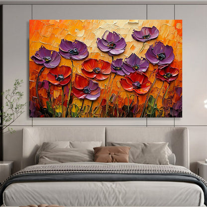 “3D Purple - Red Poppies” - Sculptural purple and red poppies on an orange backdrop, Impasto Floral Painting On Canvas HB0543