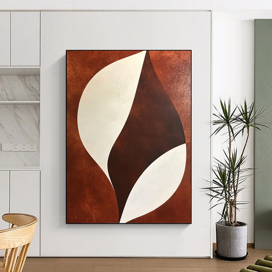 Large contemporary hand-painted abstract artwork featuring brown and white shapes with minimalist soft lines and geometric organic patterns. DLZ0979