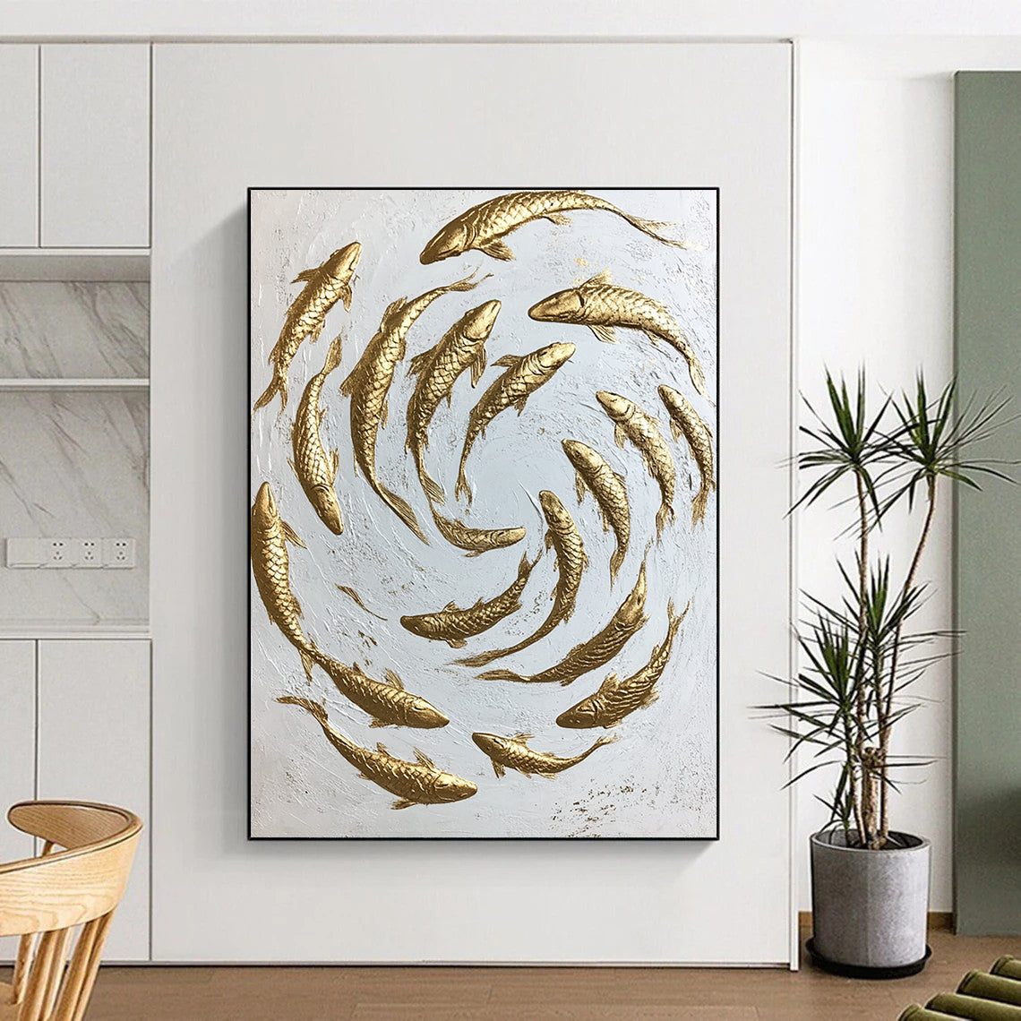 Contemporary hand-painted abstract art featuring swirling gold koi fish on a minimalist white canvas capturing dynamic movement and intricate details. DLZ1475