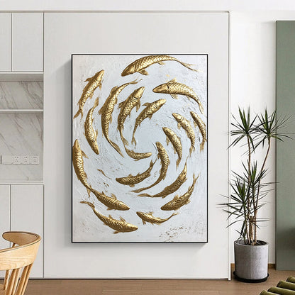 Contemporary hand-painted abstract art featuring swirling gold koi fish on a minimalist white canvas capturing dynamic movement and intricate details. DLZ1475