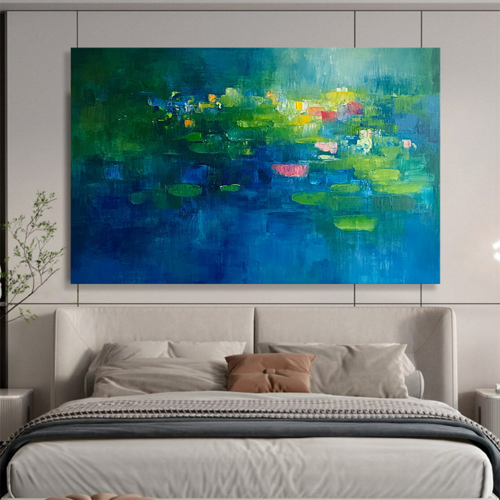 “Lily Pond Dreams” - Rich greens, blues, pops of pink, yellow; Abstracted water lilies, pond; Impressionistic Floral Painting On Canvas HB1149