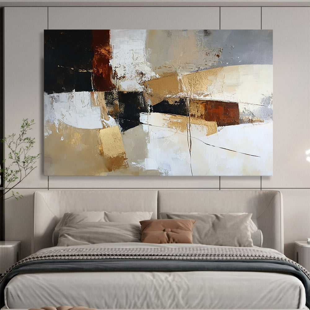 “Earthy Tone Abstract” - Black, Brown, Beige, Gold with Geometric Shapes - Painting On Canvas HB1391
