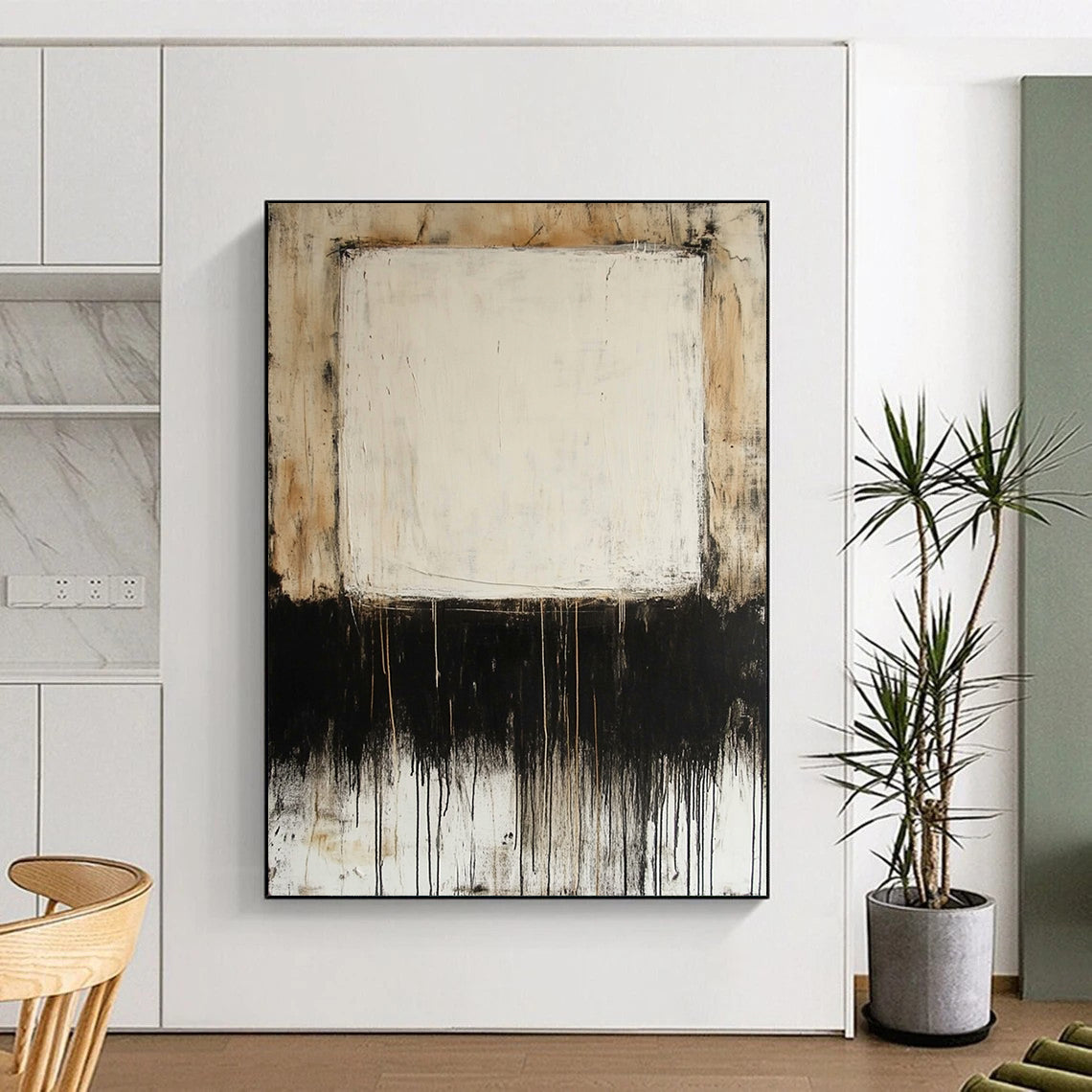 Contemporary large hand-painted abstract artwork featuring mixed media on canvas with thin oil paint lines and a prominent central white square. DLZ0685