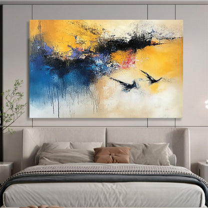 “Yellow Blue Purple Abstract Birds” - Yellow, blue, purple, red, white; Abstract with flying birds HB1293