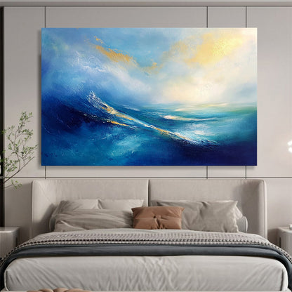 “Blue - Gold Abstract Ocean Waves” - Blue, Gold, White, Ocean Waves Painting On Canvas HB0845