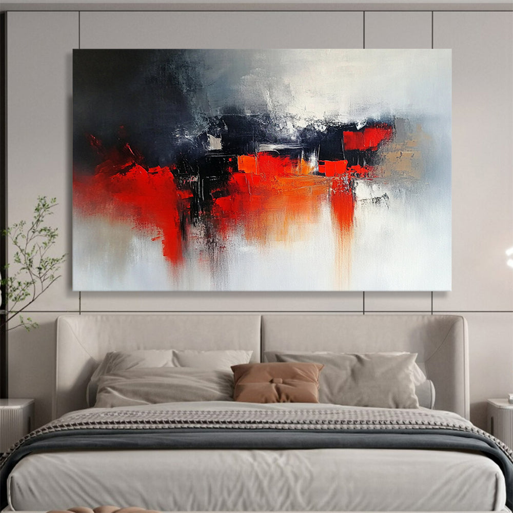 “Dark Urban Abstract” - Gray, black, red, orange; Moody abstract cityscape; Oil Painting On Canvas HB1208