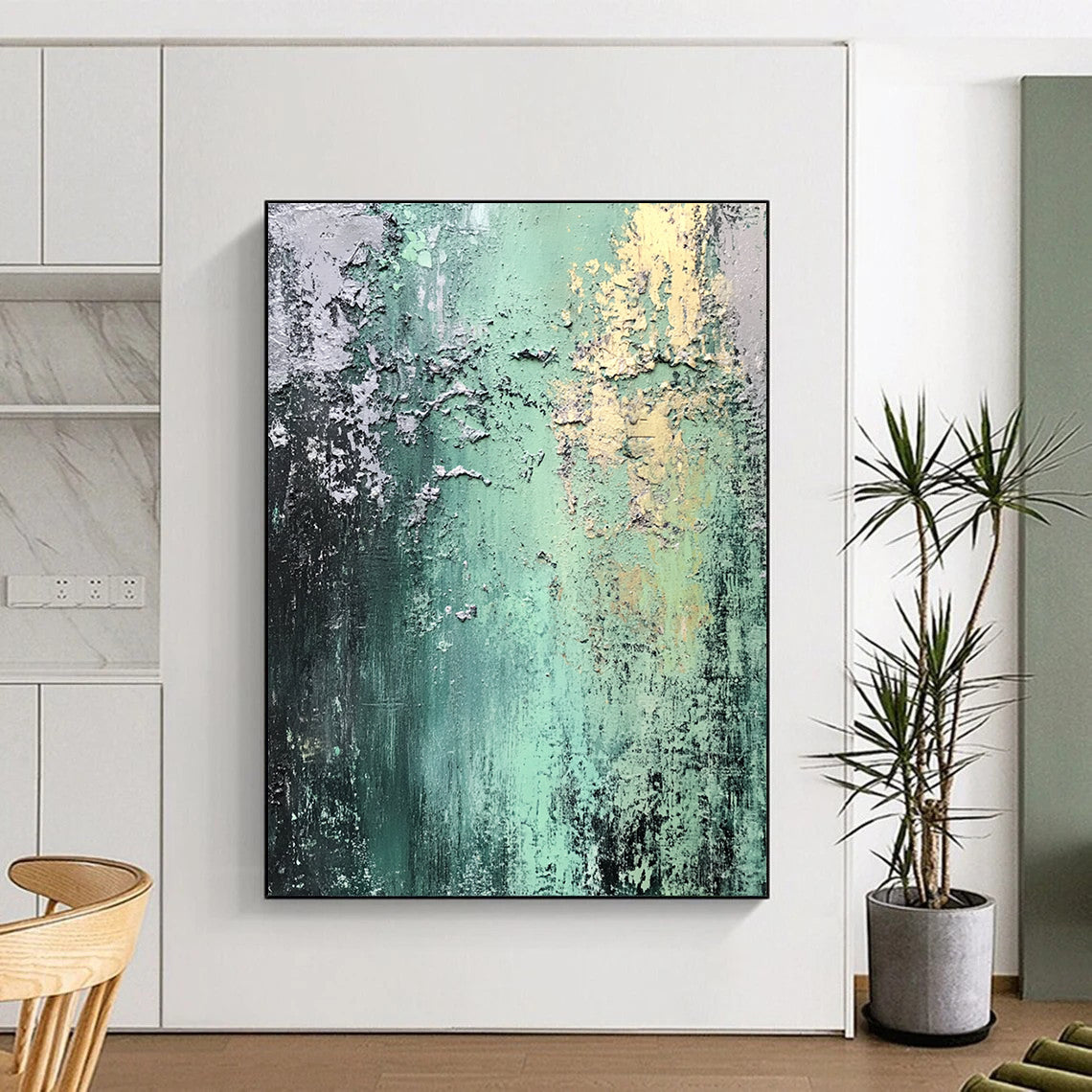 Contemporary abstract art featuring weathered textures and a palette of greens and grays, evoking urban decay with detailed shading and light. DLZ1368