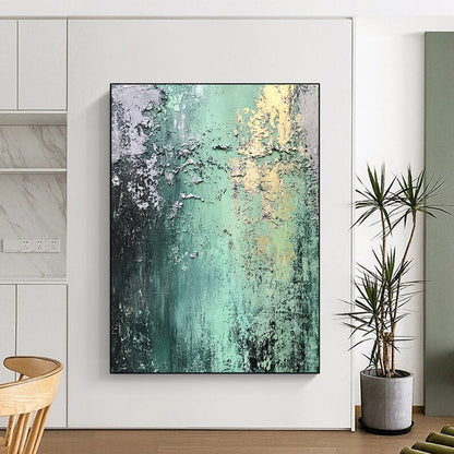 Contemporary abstract art featuring weathered textures and a palette of greens and grays, evoking urban decay with detailed shading and light. DLZ1368