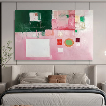 “Pink and Green Collage” - Pink, Green, White, Mixed Geometric Elements - Modernist Acrylic Painting HB1538