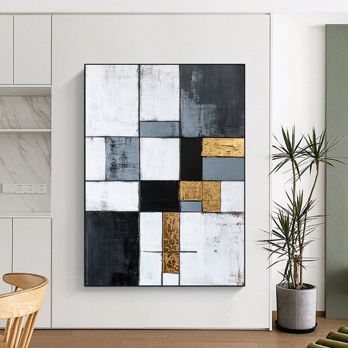 Gray, White, Gold, Black, Patchwork Squares "Gilded Harmony" Abstract Neo - Platicist Painting On Canvas HB150