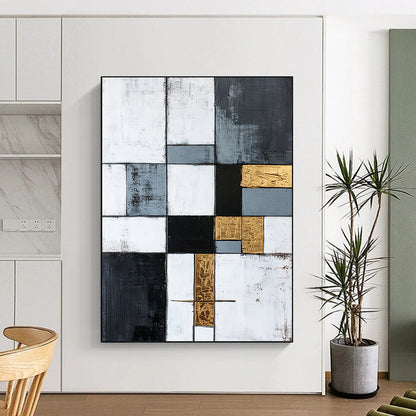 Gray, White, Gold, Black, Patchwork Squares "Gilded Harmony" Abstract Neo - Platicist Painting On Canvas HB150