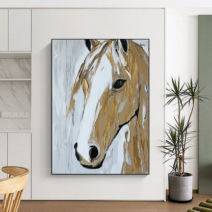 Contemporary abstract painting showcasing a close-up horse portrait in beige and white with textured gold accents on a minimal background. DLZ1583