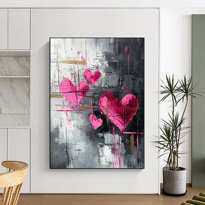 Pink Hearts, Gray Background & Gold Accents - “Elegant Romantic Fusion” Painting On Canvas HB213