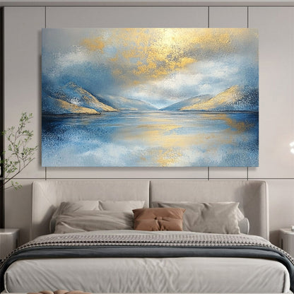 “Golden Mountain Reflection” - Blue, Gold, White, Sparkling Lake and Sunlit Peaks Painting On Canvas HB0919