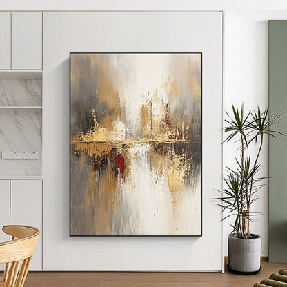 Large contemporary abstract painting featuring soft beige and gray tones enhanced with gold accents and a blurred background for a modern aesthetic. DLZ0759