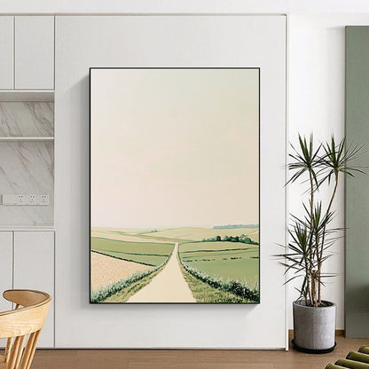Contemporary hand-painted abstract art featuring rolling green fields and minimalistic Scandinavian style in muted pastels on a beige background. DLZ1503