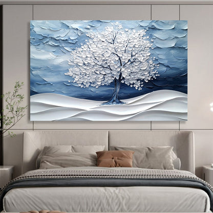 Blue and White Textured Tree "Winter Whisper" Painting On Canvas HB0423