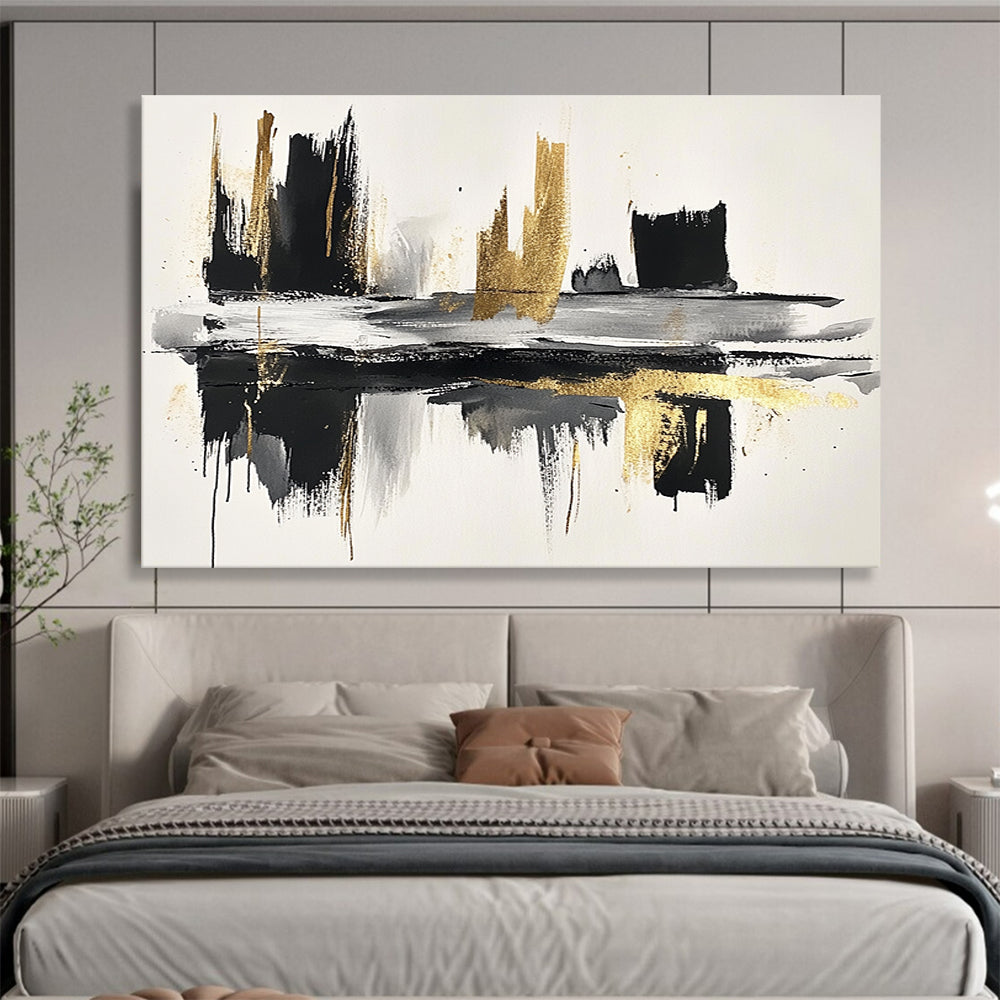 “Black - Gold Brushstroke Reflection” - Black, Gold, Reflective Abstract Cityscape Painting On Canvas HB0792