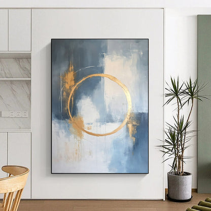 Large contemporary abstract painting features a light blue and white background with gold accents and elegant lines for a high-end aesthetic. DLZ0545