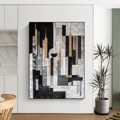 Black, Gray, Beige and Gold Abstract Cityscape "Urban Mosaic" Painting On Canvas HB317