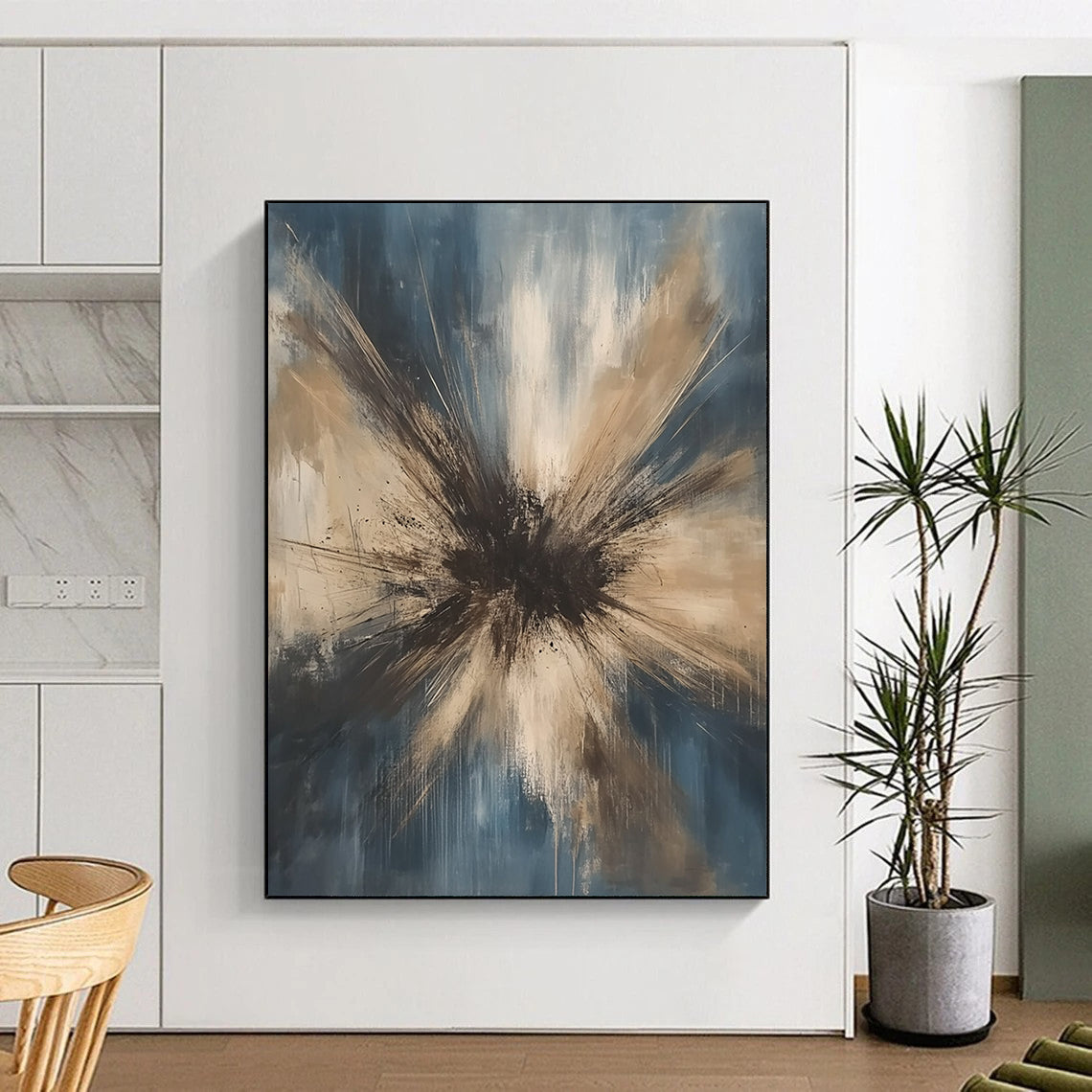 Contemporary hand-painted abstract art featuring an explosion of dark gray beige and white tones against a light blue background with organic strokes. DLZ1187