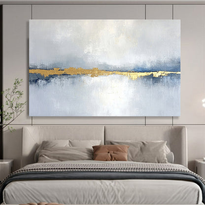 “Blue - Gray Goldline” - Blue, Gray, Gold, Abstract Minimalist Landscape Painting On Canvas HB1088