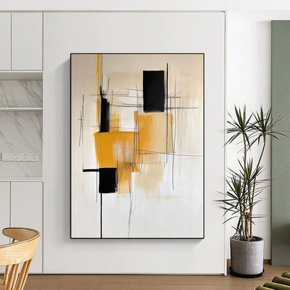 Contemporary abstract painting featuring a white background with minimalistic black yellow orange and beige lines and a single square shape on the left. DLZ1023