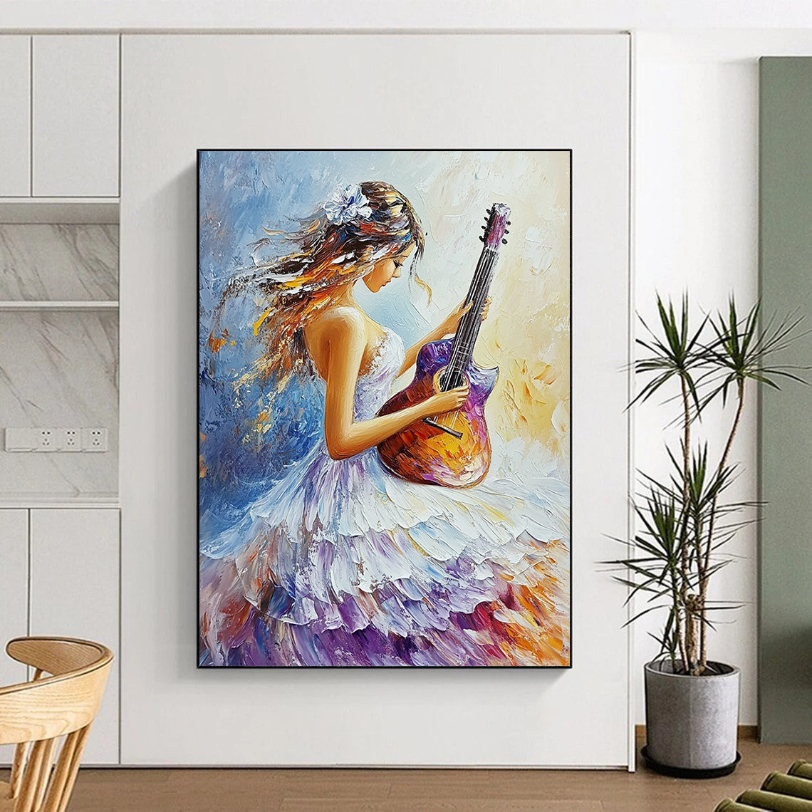 Contemporary abstract oil painting featuring a girl in a flowing white and purple dress playing guitar with vibrant colors and delicate brushstrokes. DLZ1658