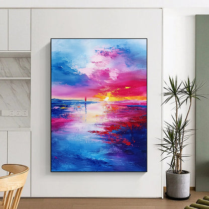Contemporary hand-painted abstract art featuring a textured landscape of the sky and sea at sunset with vibrant shades of blue purple and red. DLZ0658