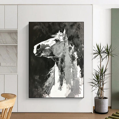 Contemporary abstract painting featuring a horse with monochromatic loose brushwork on a black background creating an expressive minimalistic atmosphere. DLZ0602