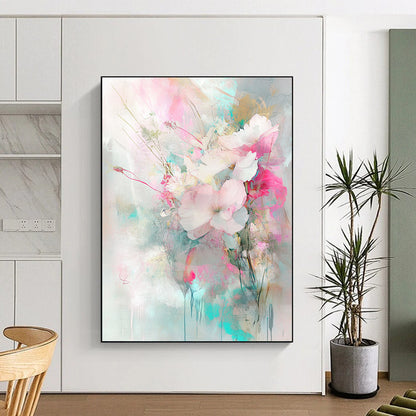 Vibrant contemporary hand-painted abstract art featuring flowers and plants in light pink and turquoise with delicate brushstrokes and soft lighting. DLZ0981