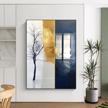 Contemporary large hand-painted abstract artwork features a striking blend of tree motifs and branches against a rich dark blue background. DLZ1509