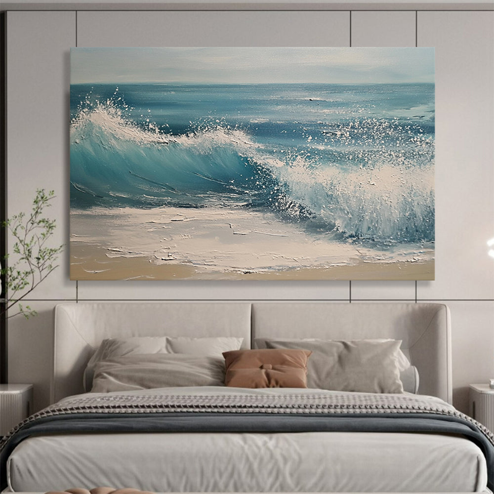 Blue, White and Beige Crashing Wave "Splash of Serenity" Painting On Canvas HB0670