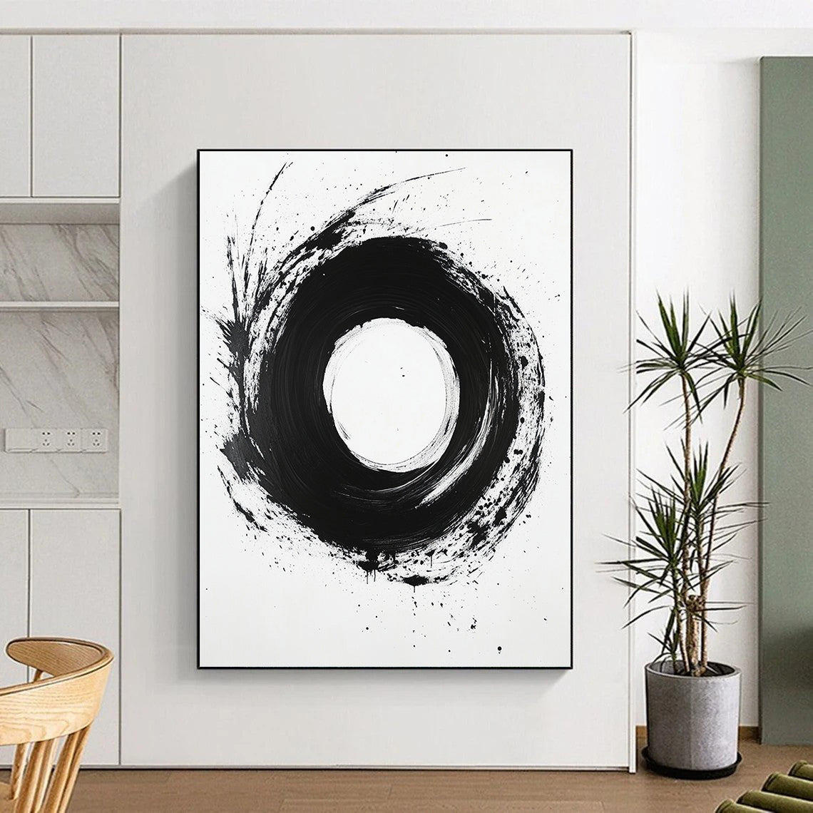 Black, White, Bold Circular Stroke "Ink Moon" Abstract Minimalist Painting On Canvas HB132