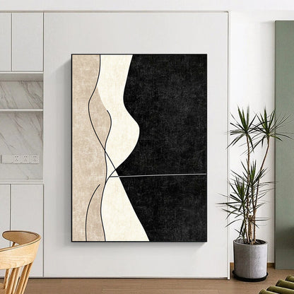 Modern contemporary abstract painting with clean lines showcasing elegant curved shapes in neutral tones against a deep black background. DLZ1375