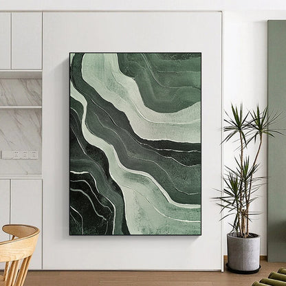 Contemporary hand-painted abstract artwork featuring ethereal green and white wavy lines on a black background with textured effects and muted colors. DLZ1686