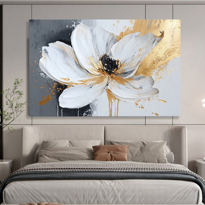 “Gilded White Flower” - White Petals, Gold Accents, Black Center, Textured Floral Painting On Canvas HB1103
