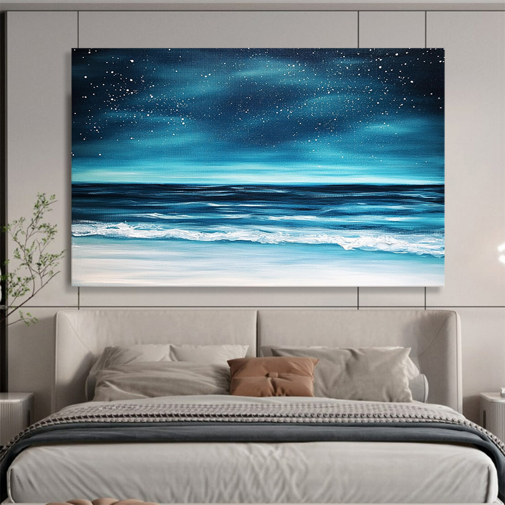 “Midnight Ocean Beach” - Deep Blues, Blacks, Whites, Beach Under a Star - Filled Sky - Impasto Oil Painting HB1743
