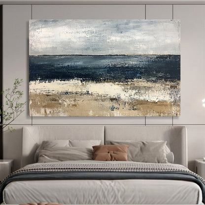 “Abstract Coastal Landscape” - Blue, Gray, Beige with Textured Layers - Painting On Canvas HB1392