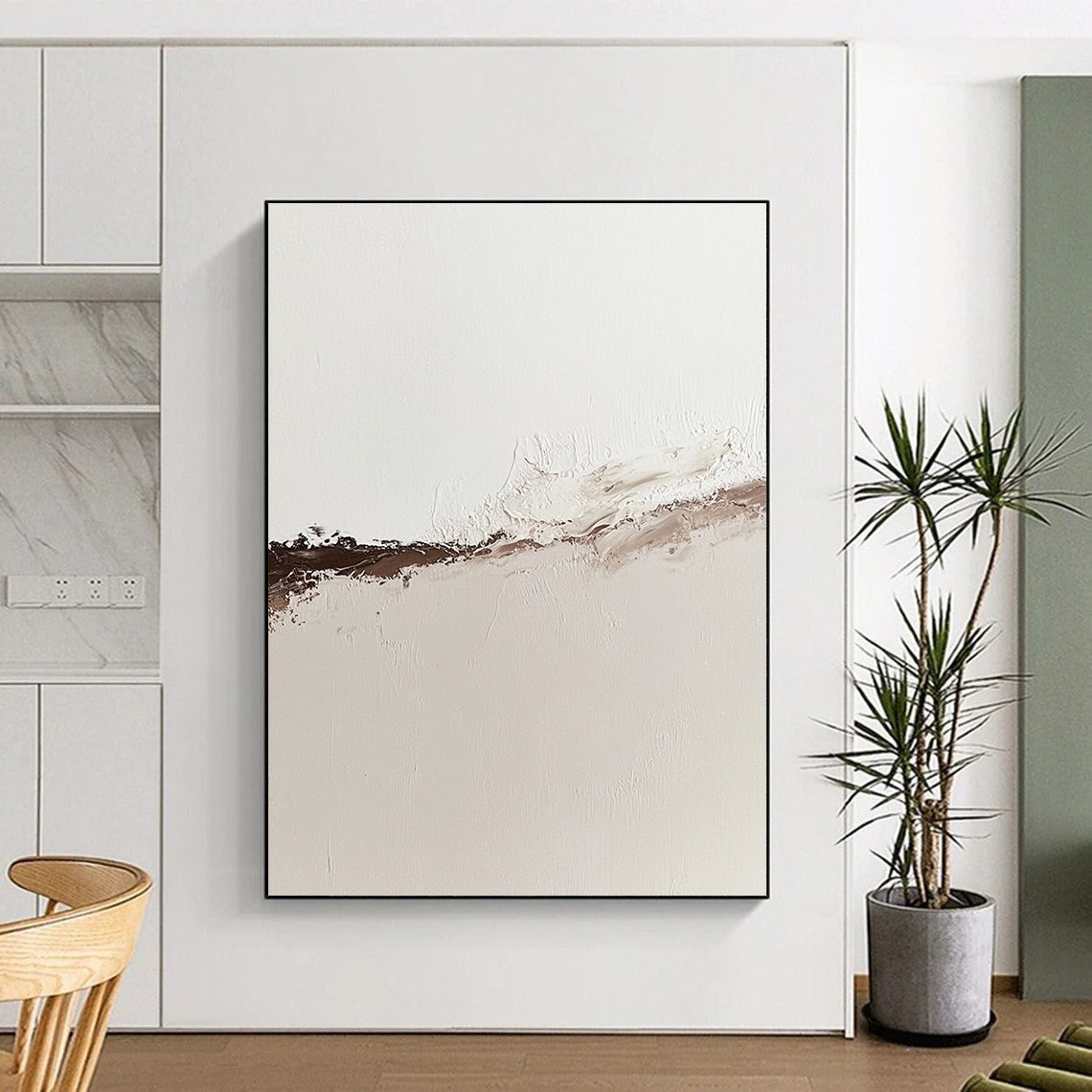 Contemporary abstract oil painting showcasing the tranquil boundary of water and desert sand in muted neutral tones with rich brown accents. DLZ1312
