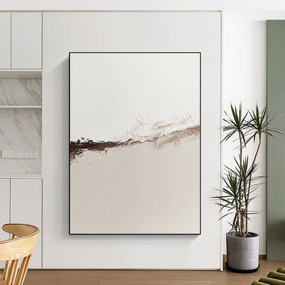 Contemporary abstract oil painting showcasing the tranquil boundary of water and desert sand in muted neutral tones with rich brown accents. DLZ1312