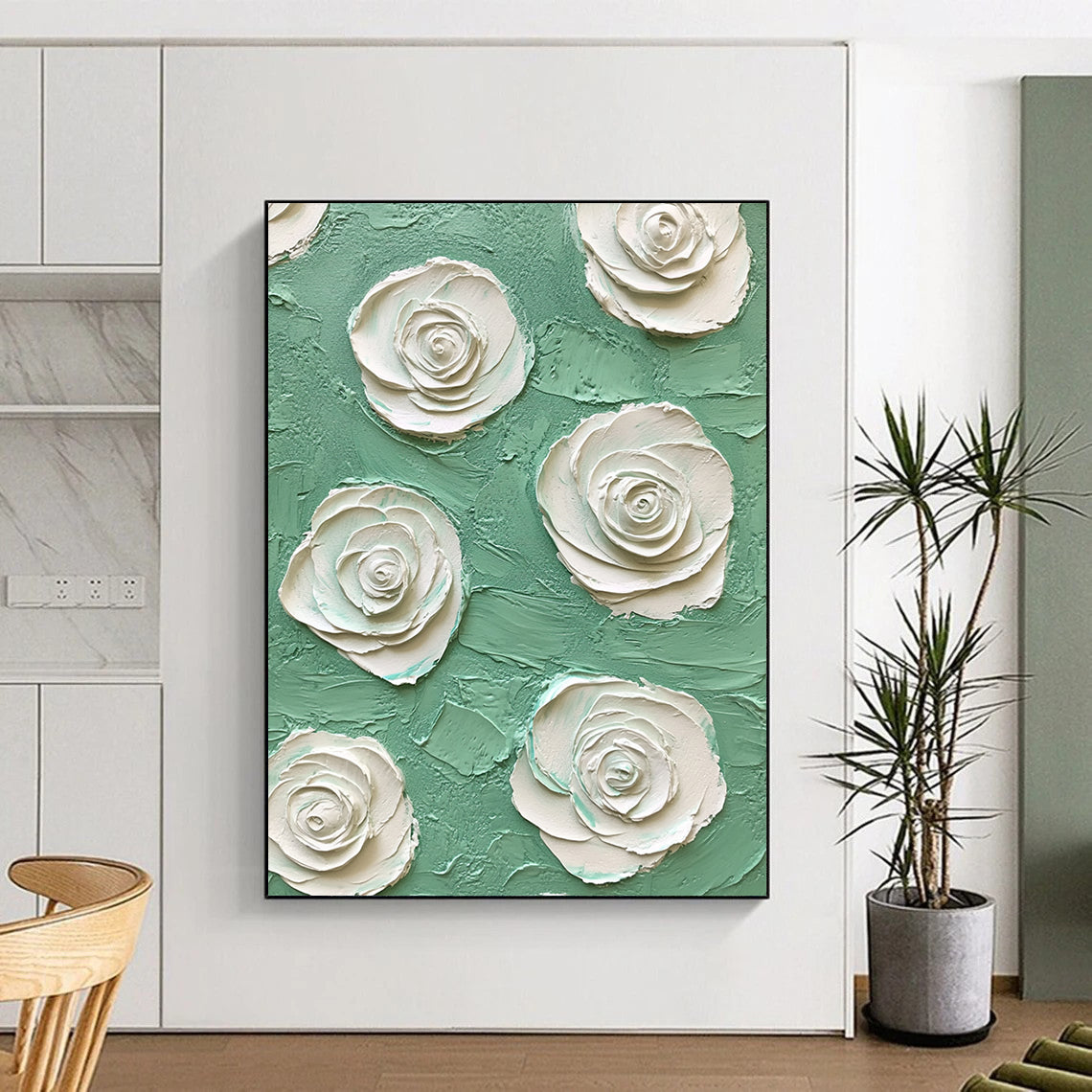 Contemporary abstract art featuring mint green and white rose embossing on a textured impasto background creates a captivating visual experience. DLZ1644