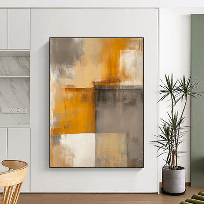 Contemporary hand-painted abstract art featuring faded beige and grey tones with warm yellow accents and simple geometric shapes. DLZ0516