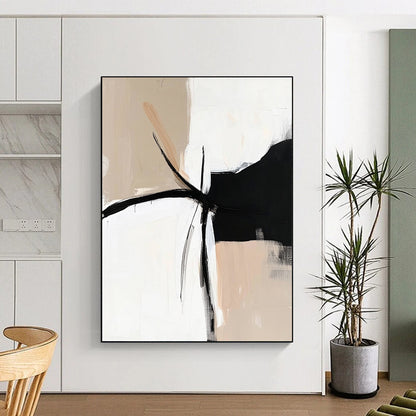 Contemporary hand-painted abstract artwork in black, white, and beige, featuring a minimalist design with an elegant bohemian feel. DLZ0320