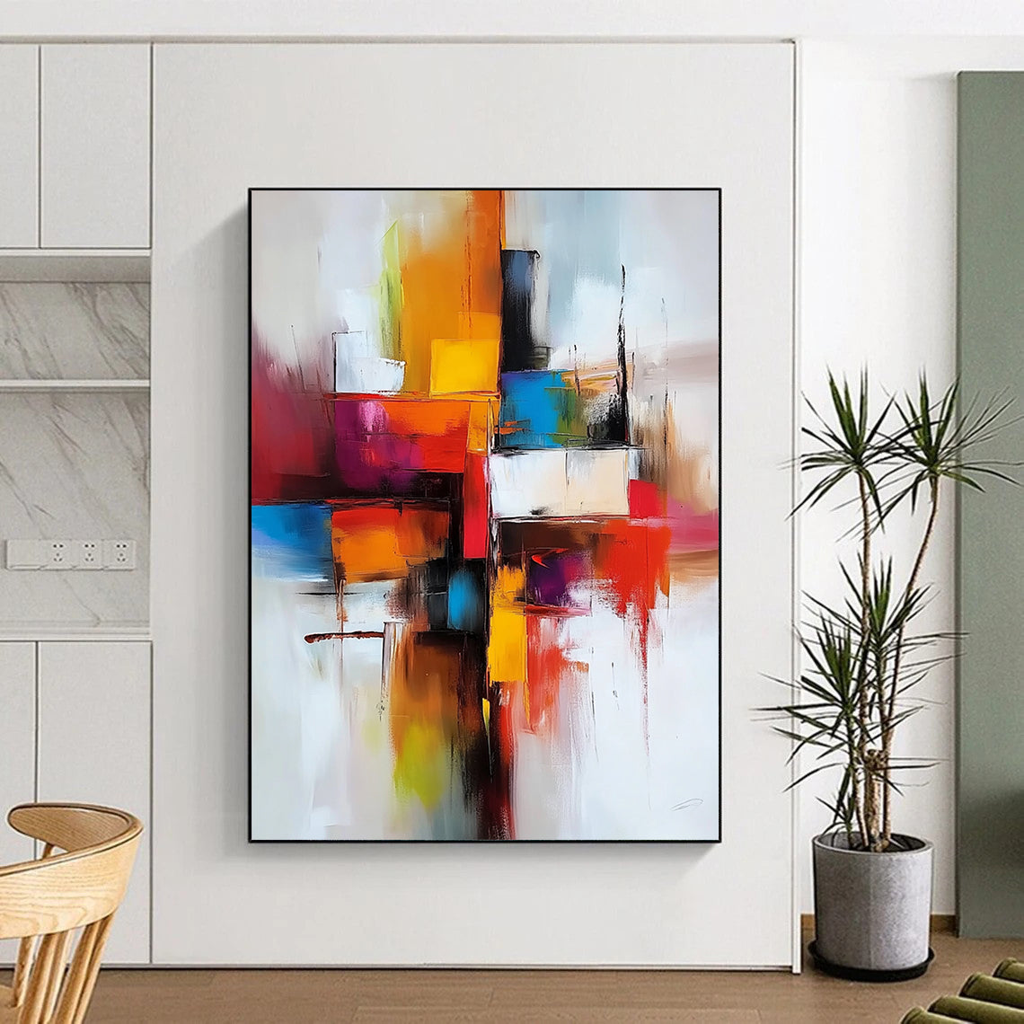 Contemporary hand-painted abstract artwork featuring vibrant reds and oranges with a central cross and dynamic geometric shapes expressing energy and fluidity. DLZ0677