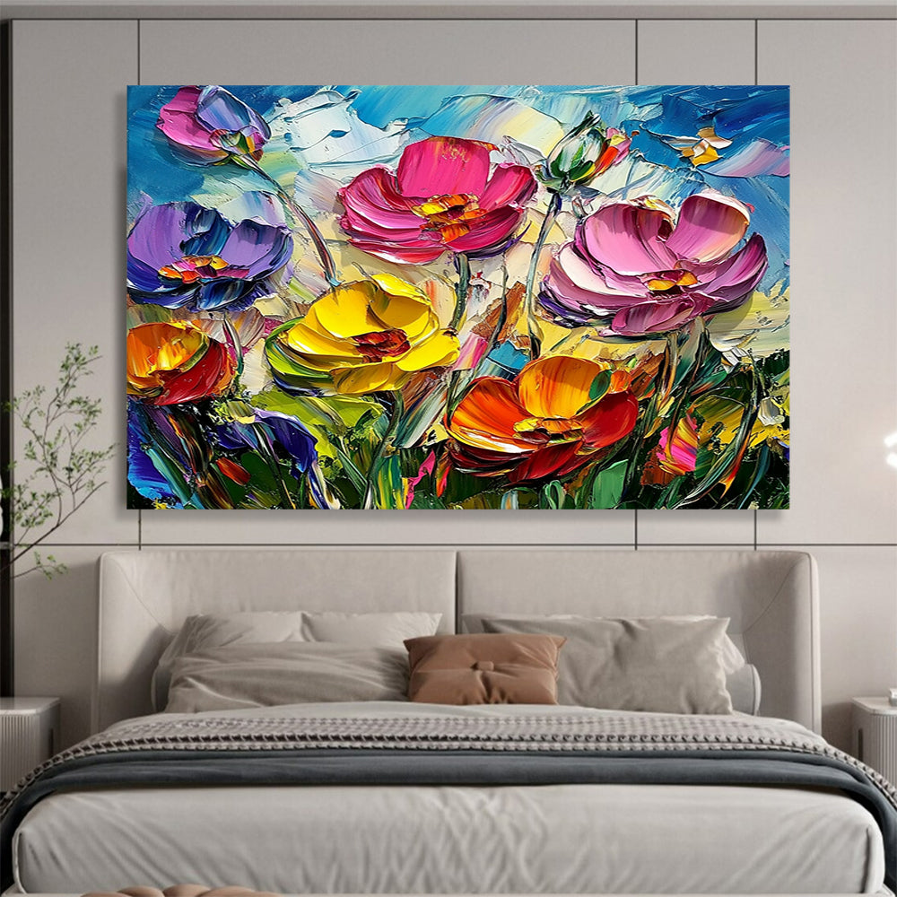 “Textured Colorful Poppy Field” - Pink, Purple, Yellow, Orange, Textured Poppy Blooms - Impasto Acrylic Painting HB1641