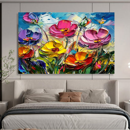 “Textured Colorful Poppy Field” - Pink, Purple, Yellow, Orange, Textured Poppy Blooms - Impasto Acrylic Painting HB1641