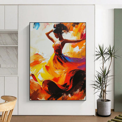 Contemporary abstract painting featuring a flamenco dancer in dynamic motion with a vibrant dress in red yellow and orange shades. DLZ1676